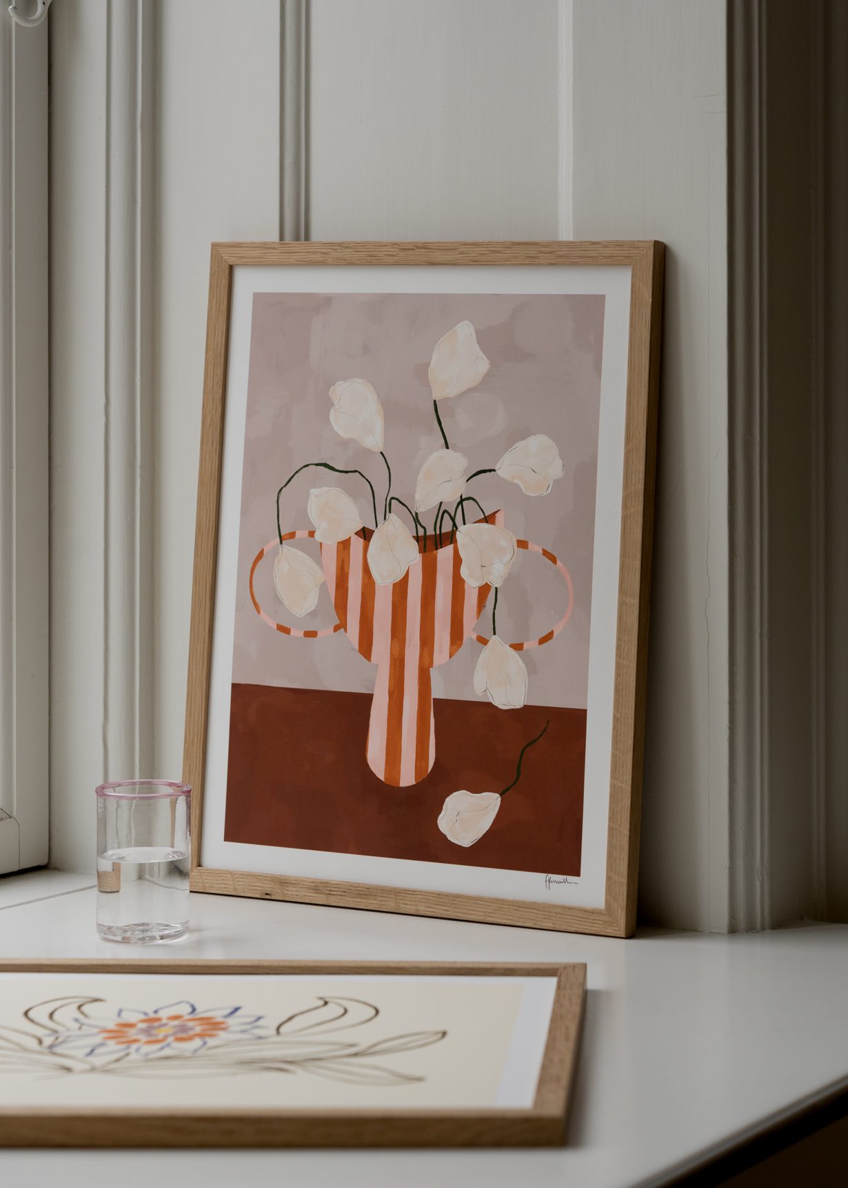 Frankie Penwill, White Flowers in Striped Vase art print - The